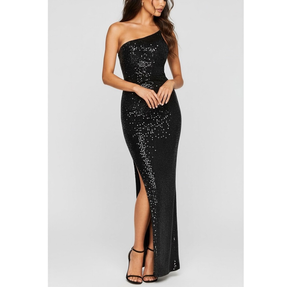 NOOKIE Liberty One Shoulder Sequin Gown, Black, Small
